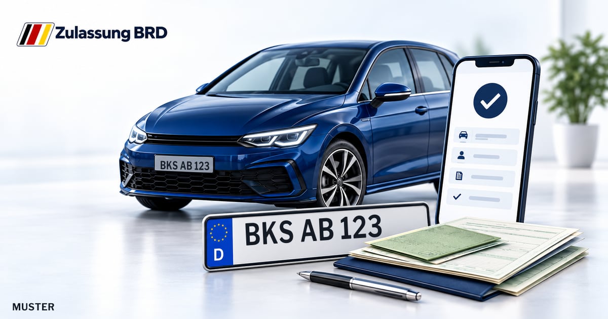 Online Fahrzeugzulassung in Morbach: Musterkennzeichen BKS AB 123, Auto und Fahrzeugpapiere und Smartphone. Illustration mit Logo von Zulassung BRD.